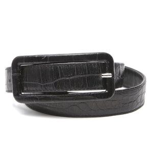 Vintage Karen Palmer Leather Croc Embossed Belt Long Buckle Black Classic Retro